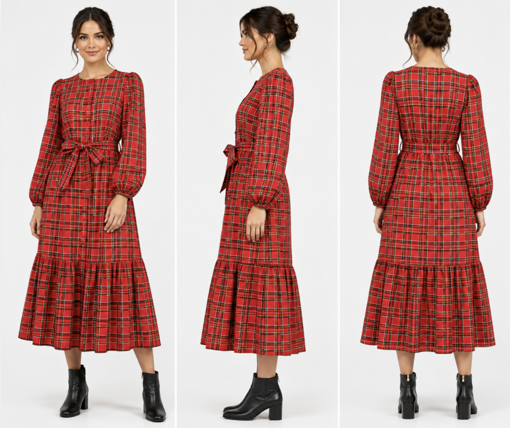 Lands' End Dress Womens XL Red Plaid Flannel Tiered Maxi Belted Long Sleeve